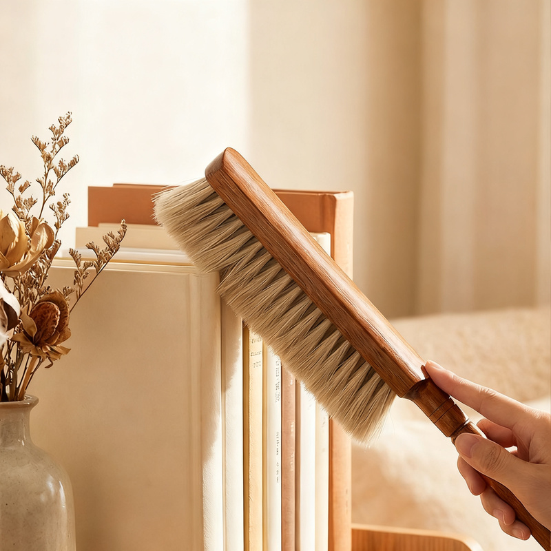 Bed brush with horse hair and long handle