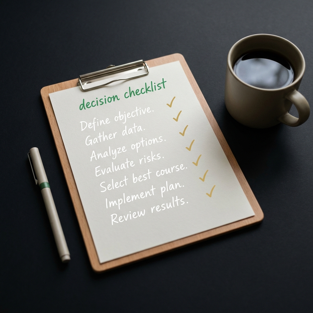 Close up decision checklist on clipboard with coffee cup showing steps for how to get into the real estate investing on dark #0f0f0f background minimalist composition