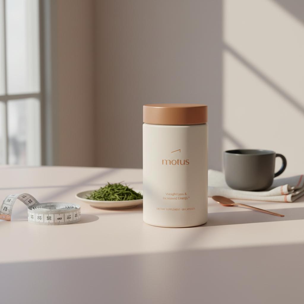 Minimal still life of Tonum Motus bottle with measuring tape, fresh green tea leaves and a small coffee cup on a tidy neutral surface — do belly fat burners work