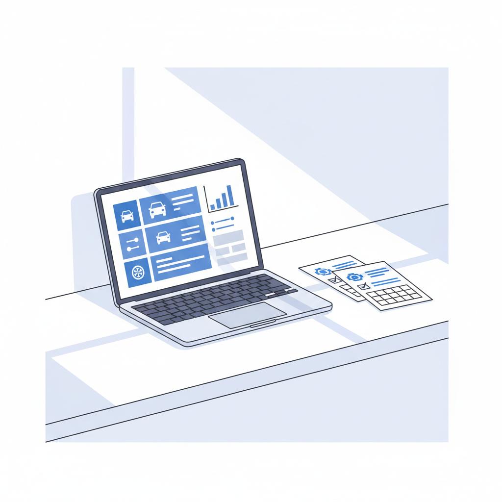 Minimalist 2D vector of a laptop and inspection papers on a clean garage table evoking most reliable used cars report in white blue and dark line accents