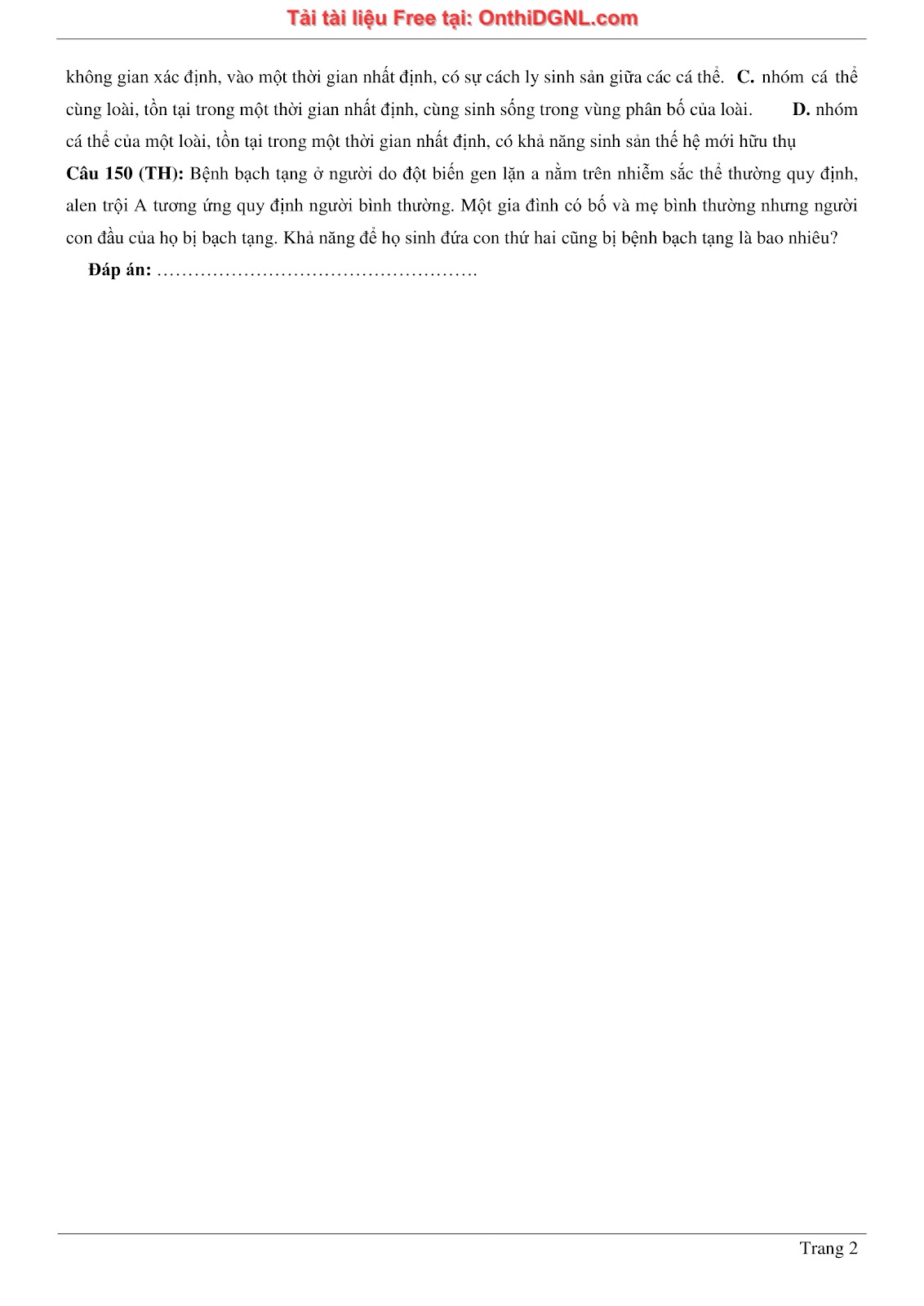 150 bài tập môn Sinh học - Ôn thi ĐGNL ĐHQG HN Phần 10