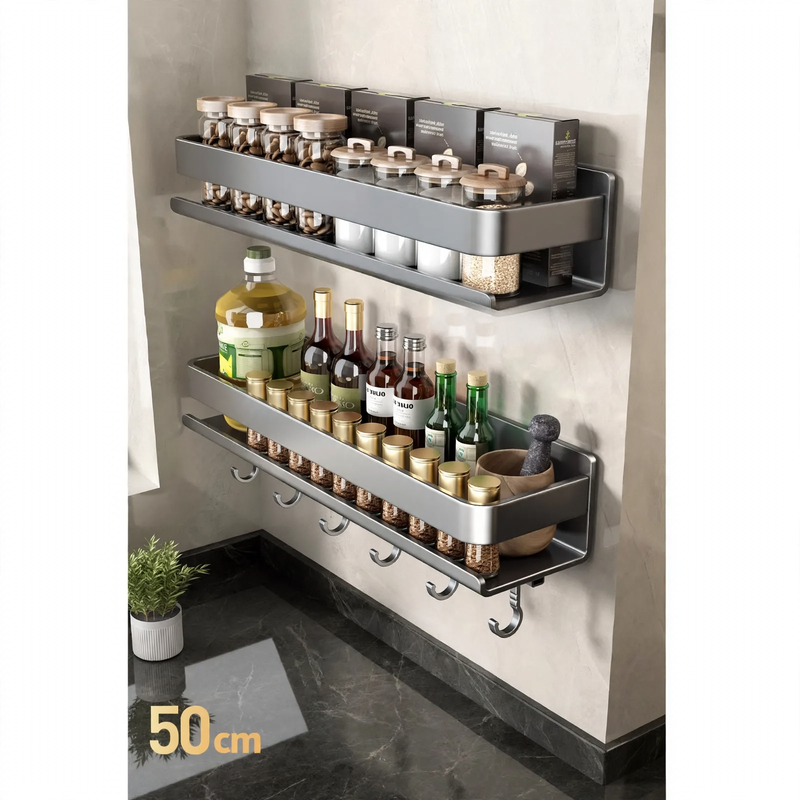 Wall-mounted kitchen shelf made of steel, no drilling required