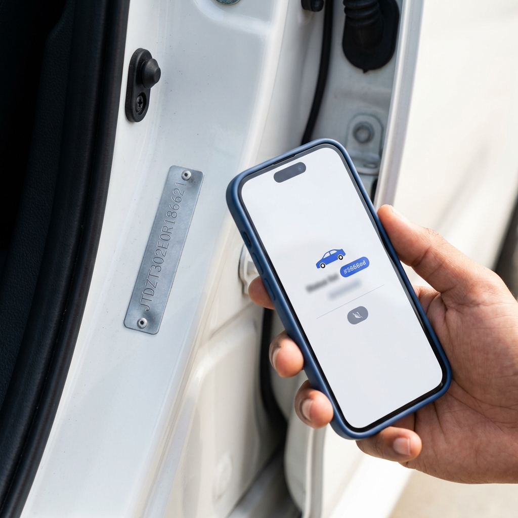 Close up of VIN plate on a Toyota Corolla frame with a hand holding a phone showing a recall lookup page for used toyota corolla for sale