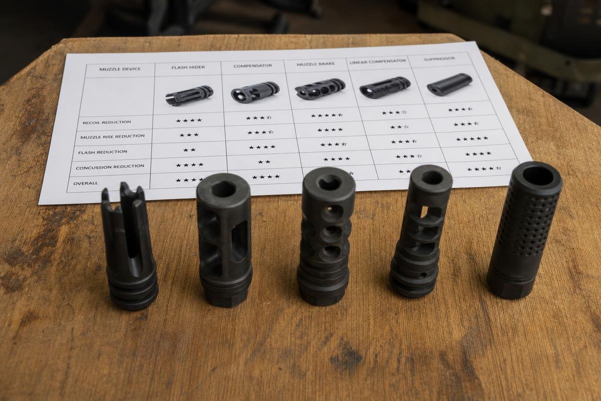 flash hider vs muzzle brake vs compensator comparison