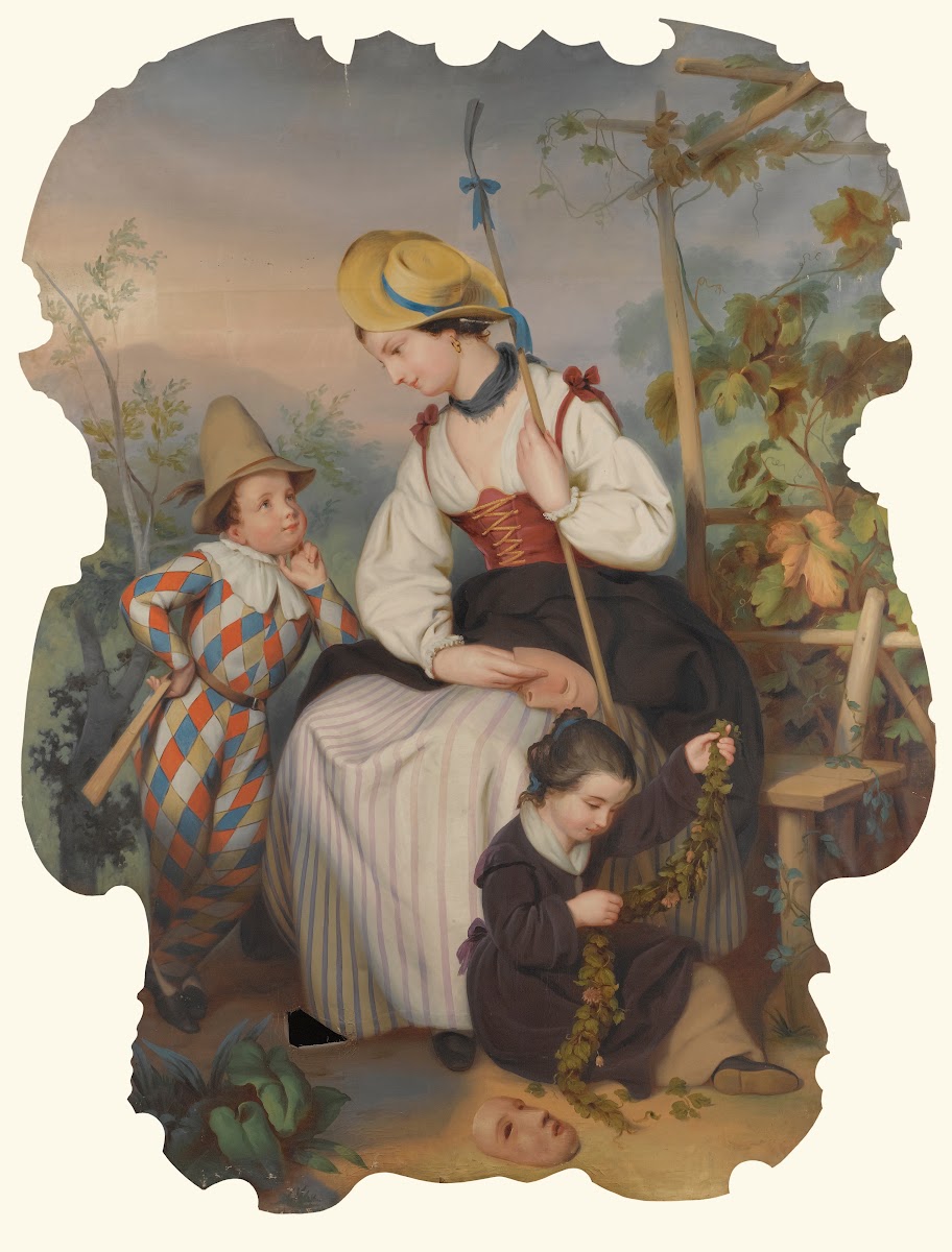GirlWithTwo Children TheBoy Dressed As A Harlequin 19th Century