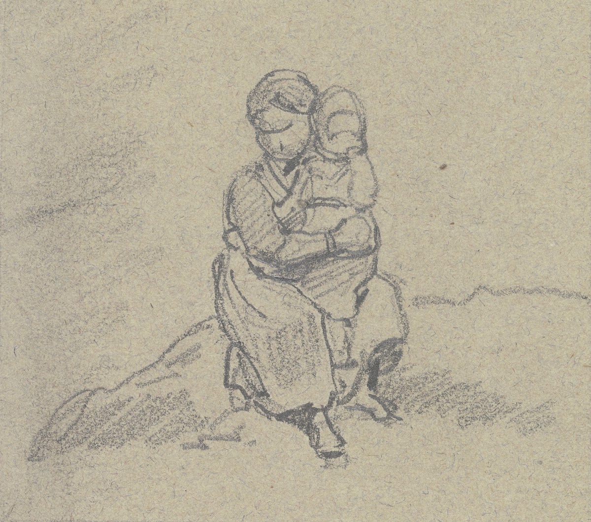 A girl holds a child on her lap and sits on a small slope the child has brought