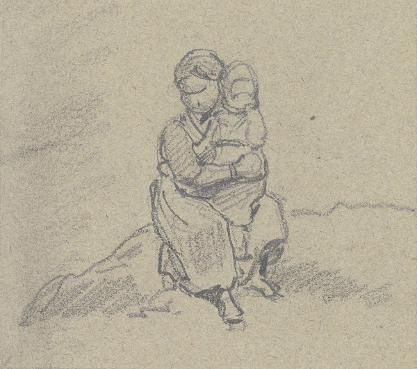 A girl holds a child on her lap and sits on a small slope the child has brought