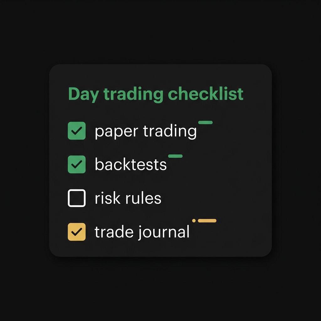 Minimalist day trading checklist graphic on dark background showing paper trading backtests risk rules trade journal with green checkmarks how do you start day trading
