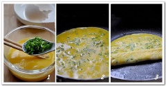 Trứng đập ra chén, nêm hạt nêm, đánh thật kỹ cho hạt nêm tan hết. Hành xanh cắt nhỏ cho vào chén trứng, khuấy đều lại. Cho dầu ăn vào chảo đun nóng. Đổ 1/3 chỗ trứng vào chảo, chiên lửa vừa cho trứng chín đông lại. Dùng 1 cái  muỗng hoặc cái xẻng cuộn tròn trứng lại. 