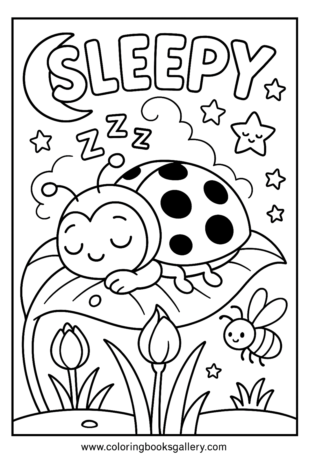 Sleepy Ladybug Coloring Page for Kids – Simple Emotional Learning Printable Line Art – printable coloring page