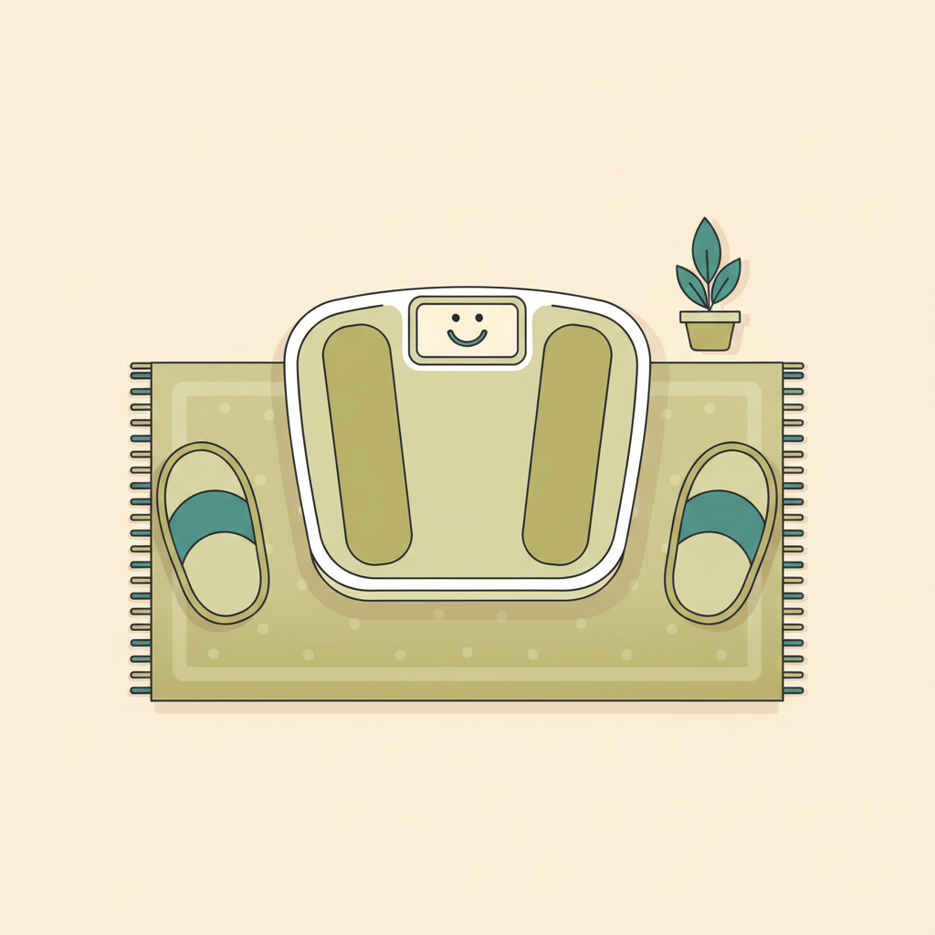 Minimalistische 2D-Vektor-Illustration einer digitalen Waage mit Smiley-Display, leeren Pantoffeln und warmem Teppich in Vegardians-Farben, freundlich und ruhig – stoffwechsel ankurbeln krafttraining