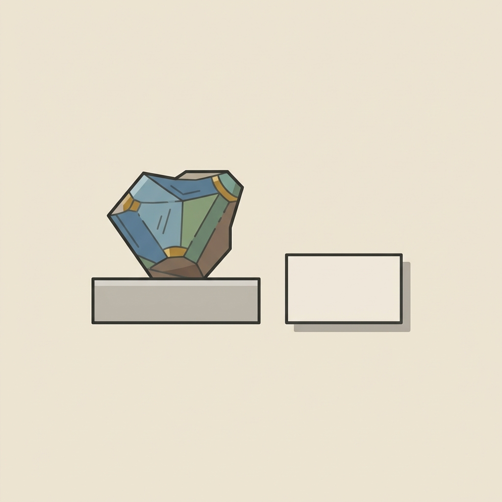 Minimalist 2D vector of an ancient israel roman glass jewelry fragment beside a blank museum catalog card on a warm beige Aurora Antiqua background