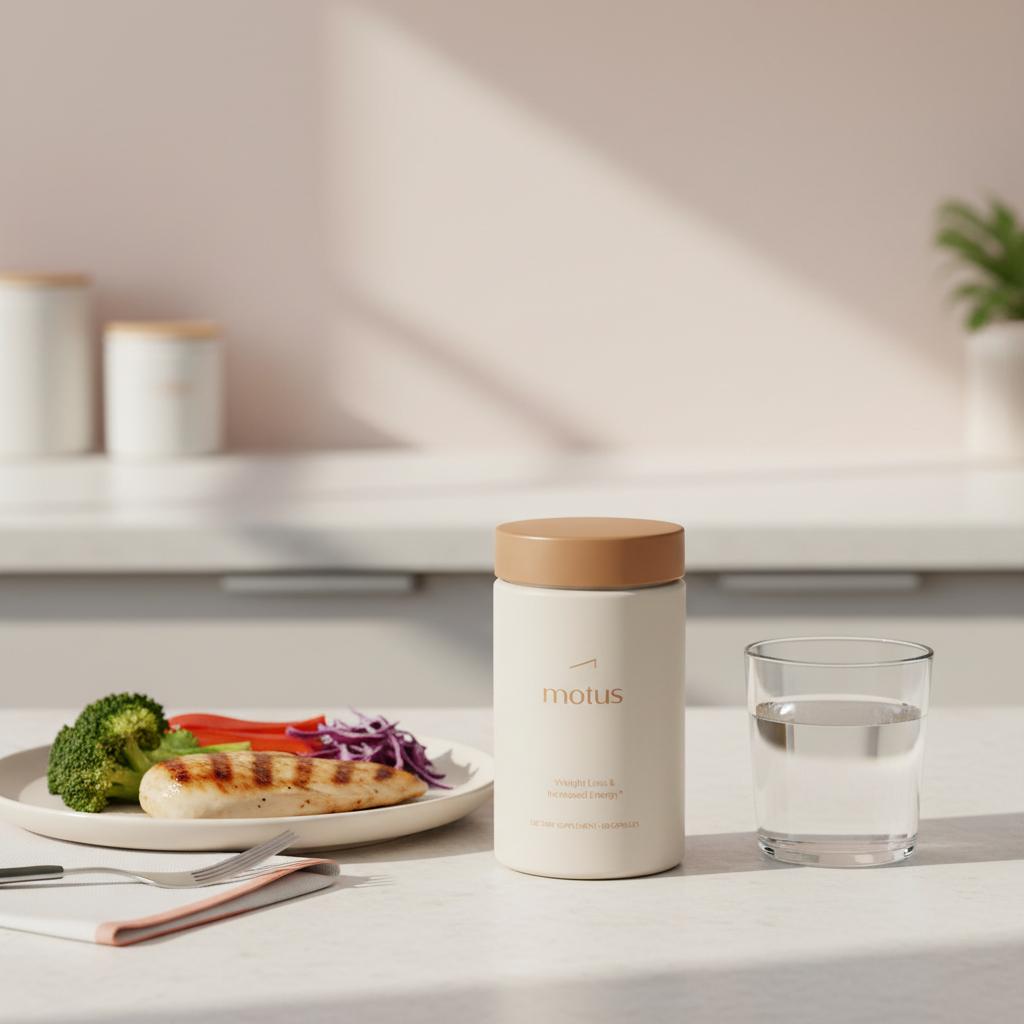 Minimalist kitchen scene with Tonum Motus supplement jar beside a glass of water and a balanced plate of lean protein and vegetables, promoting vitamin D3 belly fat support.