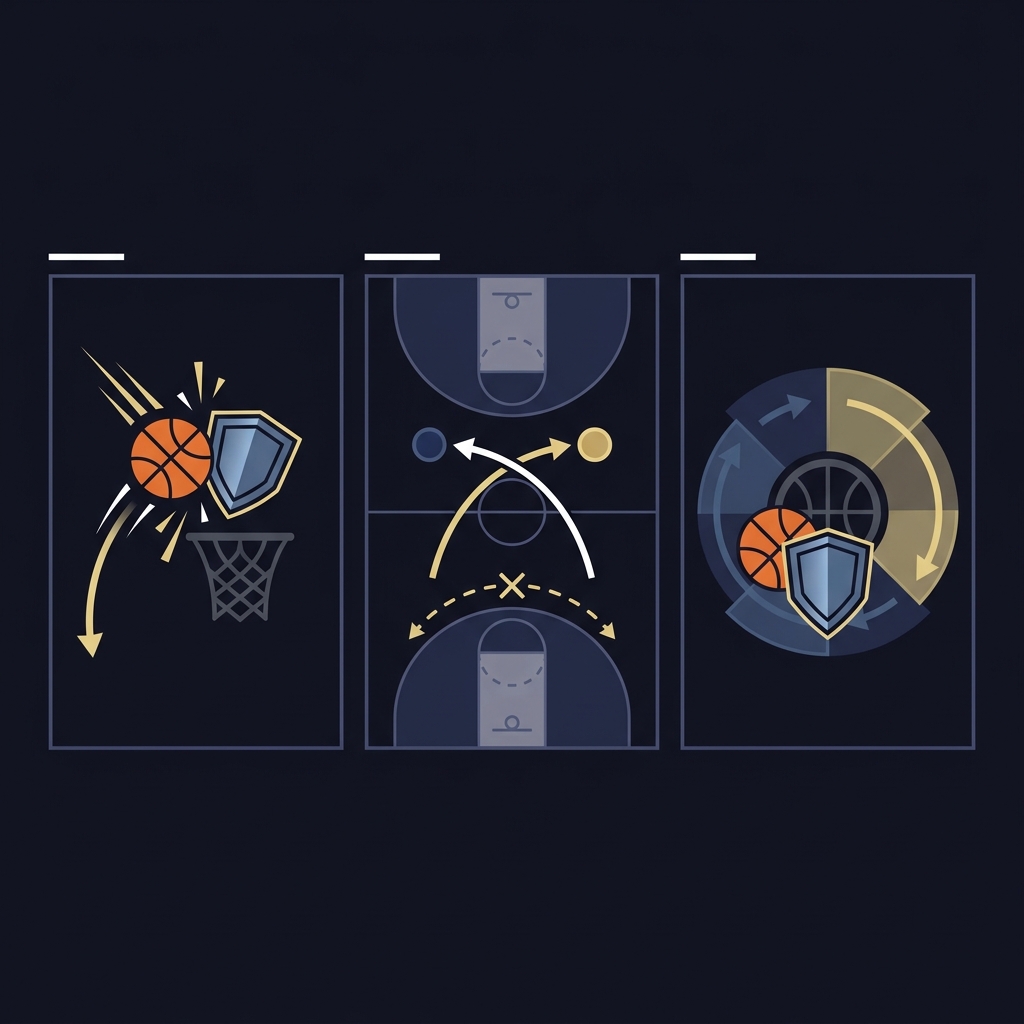 Minimalist vector sequence collage showing defensive basketball plays represented by court diagrams and icons illustrating a block and a switched stop for finals mvp odds