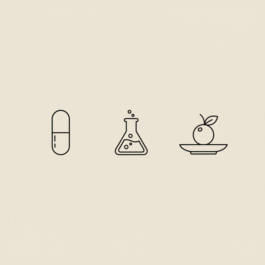 Minimalist line illustration of a capsule, lab flask, and plate with a berry on a beige background representing cla supplement side effects