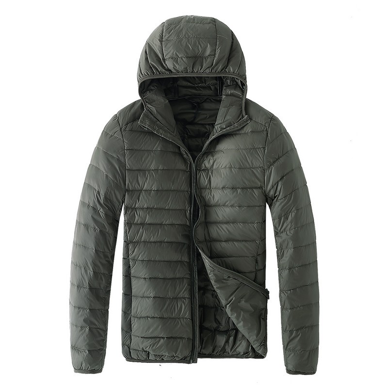 Men's down jacket, lightweight, with storage bag