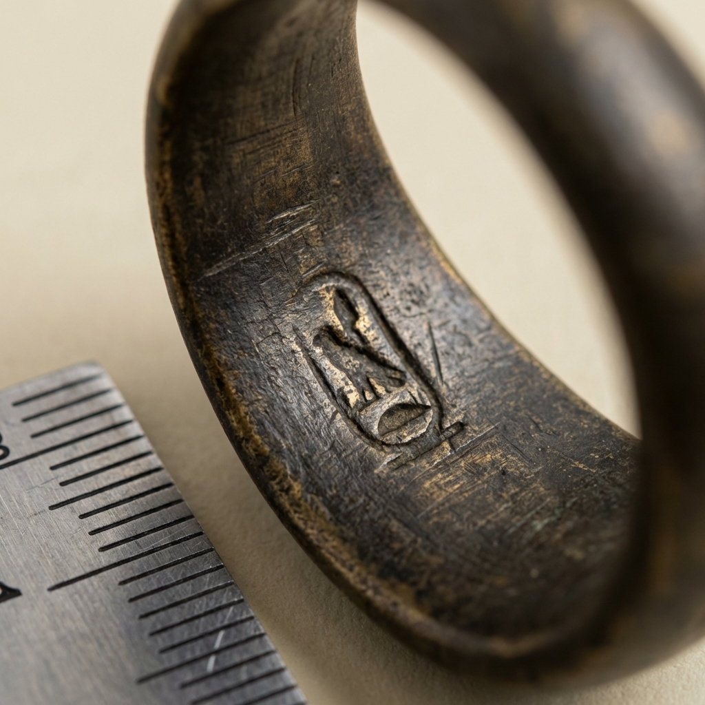 Macro photograph of a vintage egyptian ring interior showing a worn hallmark beside a ruler for scale on a minimal beige background