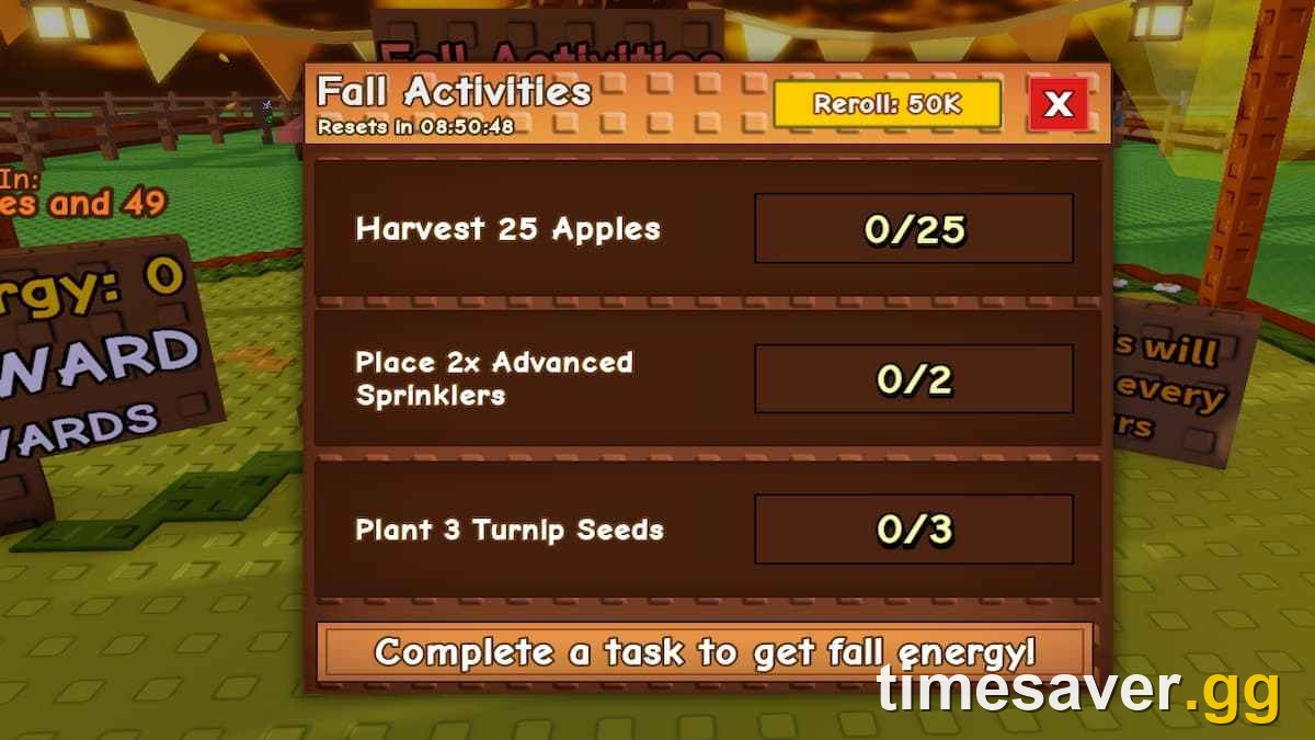 The Fall Activities booth in Grow a Garden, with a live Fall Energy counter and reward tier sign