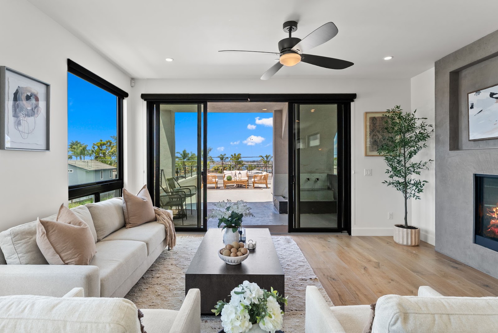 Living room with sunset views through pocket sliders