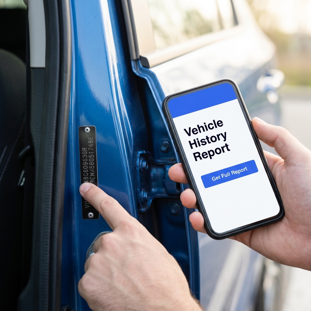 Close up of hand pointing to VIN on car door jamb with smartphone showing a vehicle history report used audi for sale
