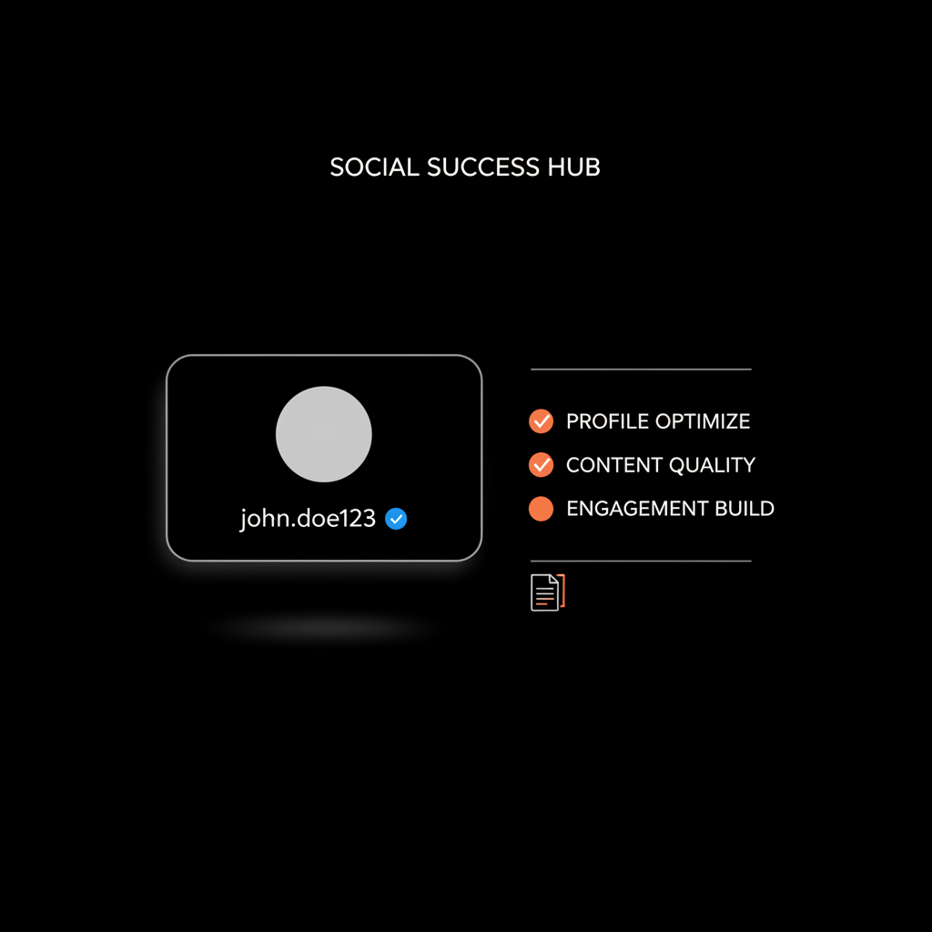 Minimal infographic showing a profile card with a blue verification tick, a short bulleted checklist and a small document icon on black background to get blue tick on Instagram