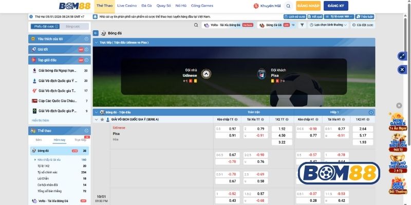 Bảng tỷ lệ kèo trận Udinese vs Pisa ngày 10/01/2026