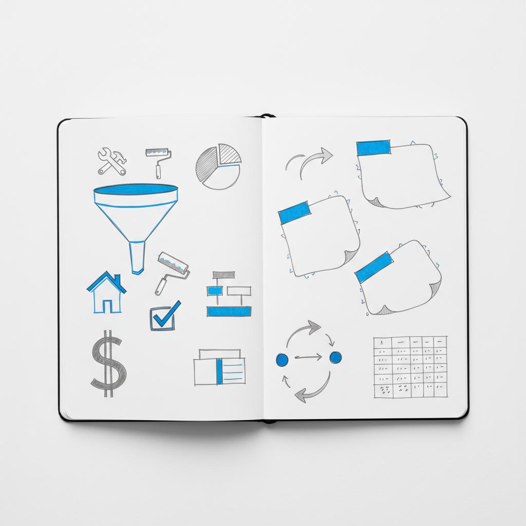 Full-frame planner page with hand-drawn funnel, job icons, sticky-note callouts and a tiny price spreadsheet in gray (#39383f) with blue accents (#1a5bfb) &mdash; How much do Angi ads cost