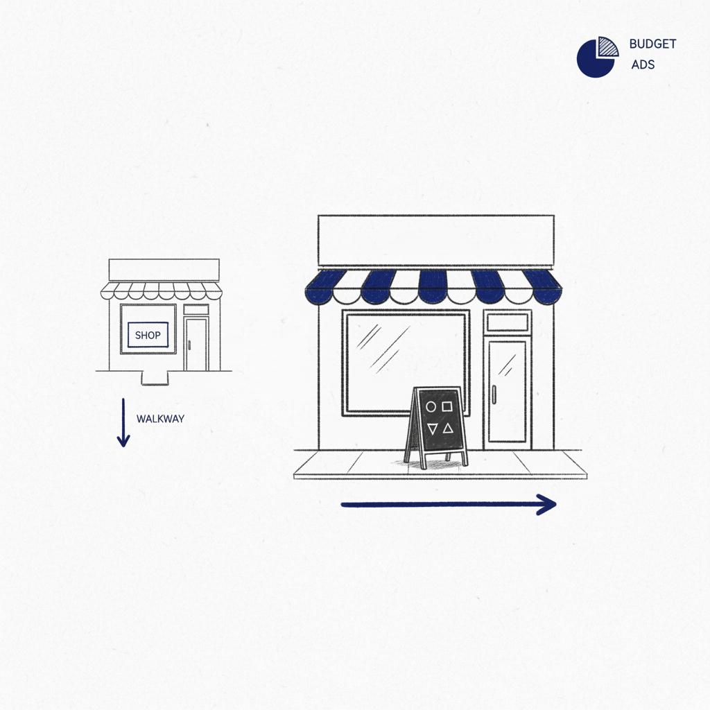 Notebook-style close-up sketch of a storefront and sidewalk with a chalkboard showing symbolic shapes, minimalist hand-drawn scene with navy-blue accents for Nextdoor