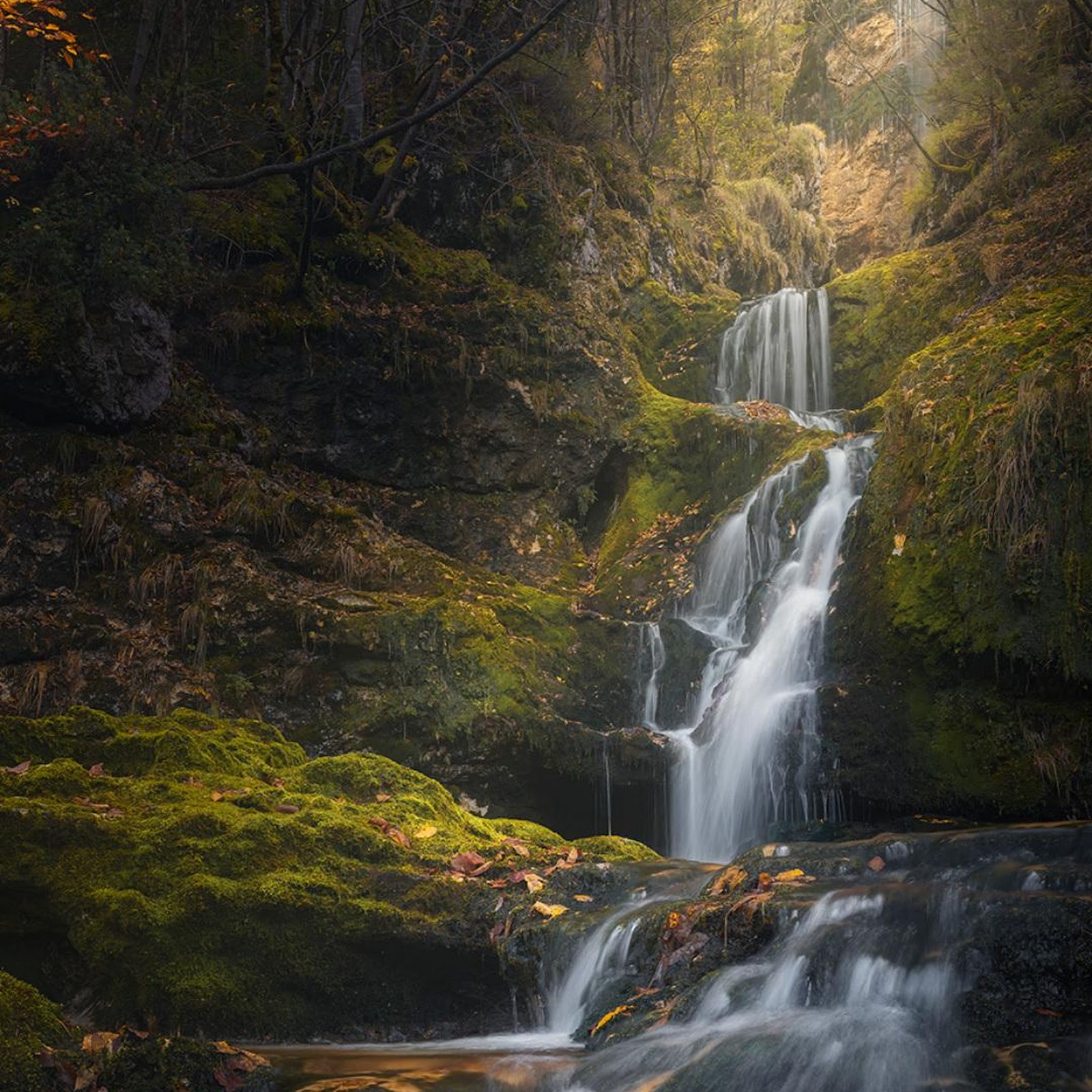 Download Luminous Tiered Waterfall In Autumn Full HD iPhone