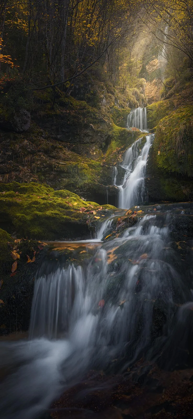 Luminous Tiered Waterfall In Autumn - Long Exposure Photography Full HD iPhone Wallpaper (1080x2340)