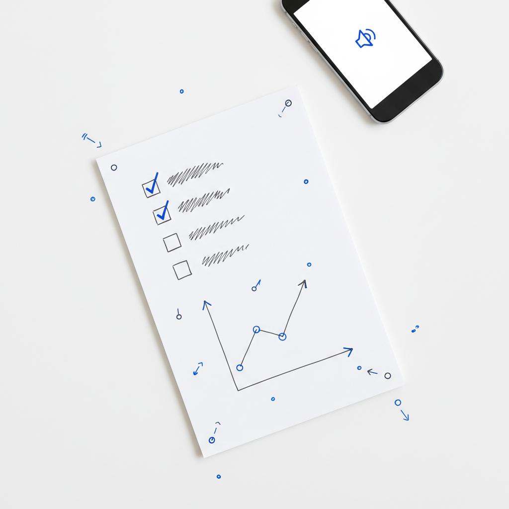Close-up minimalist notebook workspace with hand-drawn checklist scribbles, an impressions line graph, and a phone showing a muted icon accented in brand blue &mdash; Google Local Services Ads