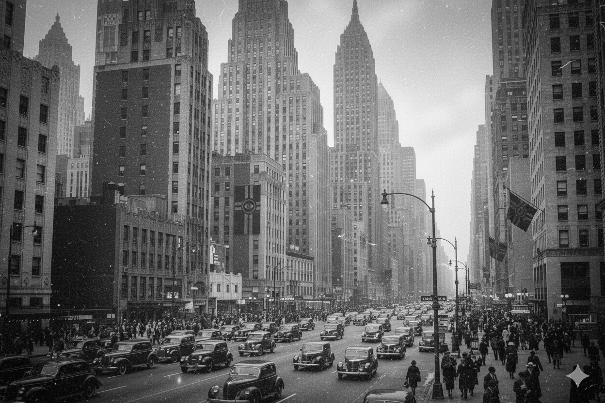 Evening rush-hour on Beat Street, formerly Elysia’s center for global stock trading.