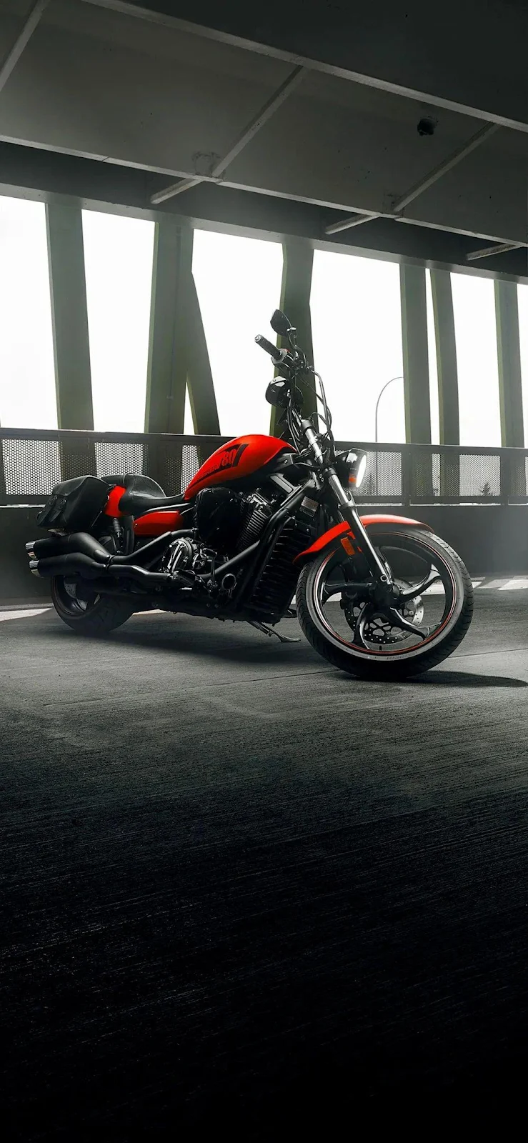 Red Cruiser Motorcycle in Garage - Automotive Photography iPhone Wallpaper (997x2160)