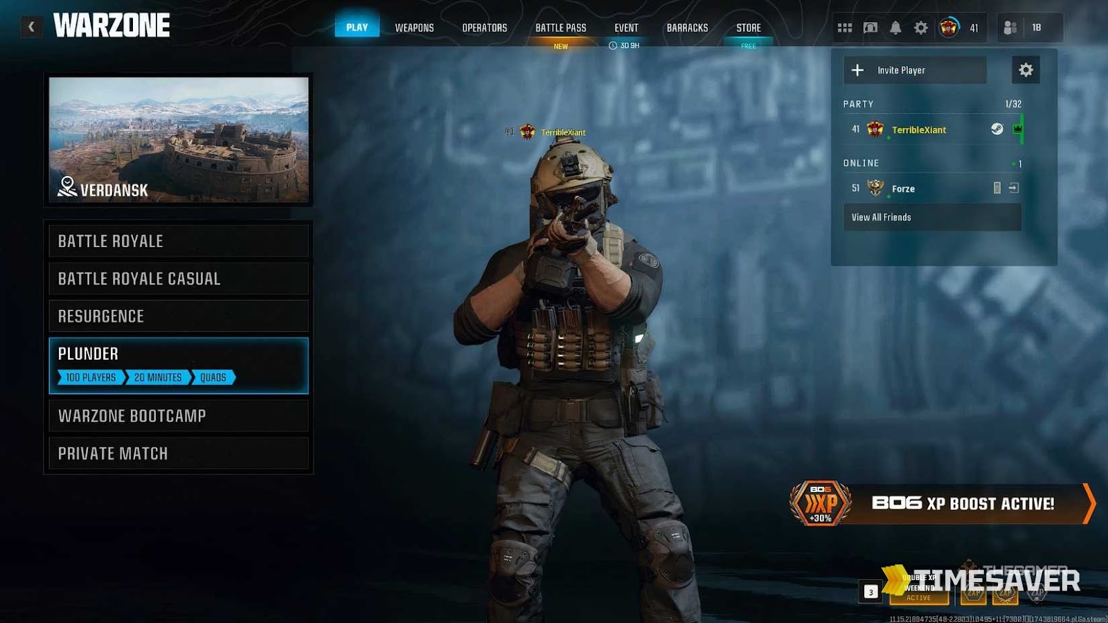 Warzone mode-select screen showing Plunder, Resurgence and Battle Royale with a Double XP weekend active