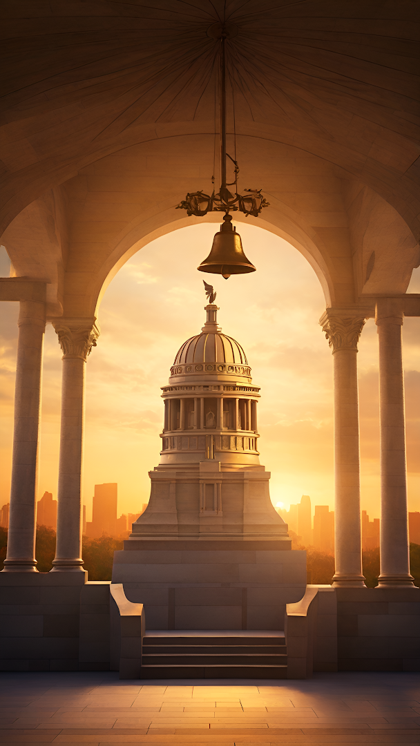 Golden Bell Hanging Above Dome at Sunset in Colonnade