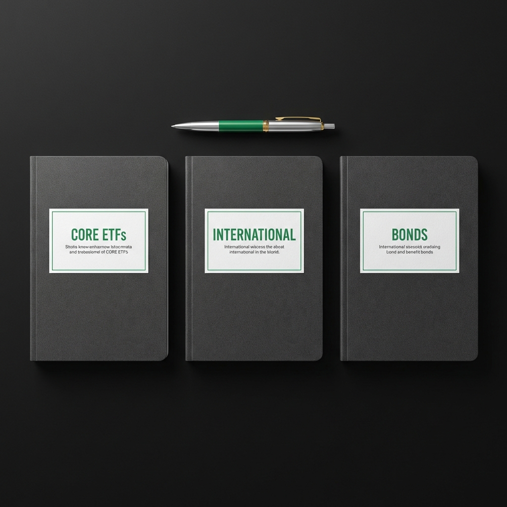 Close up flat lay of three labeled notebooks Core ETFs International Bonds on dark background in Finance Police style what stocks to buy as a beginner