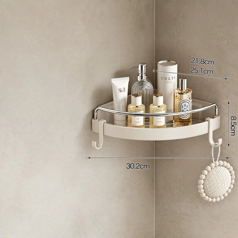Triangular corner shelf for bathroom, plastic and aluminum