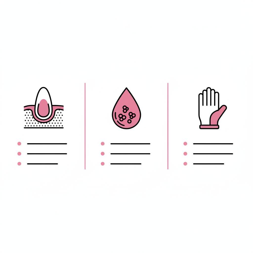 Minimalistische Vektor-Infografik zu Ursachen und Checks bei wellige Fingernägel mit Nagelmatrix-, Ferritin-Blutstropfen- und Handschuh-Icon