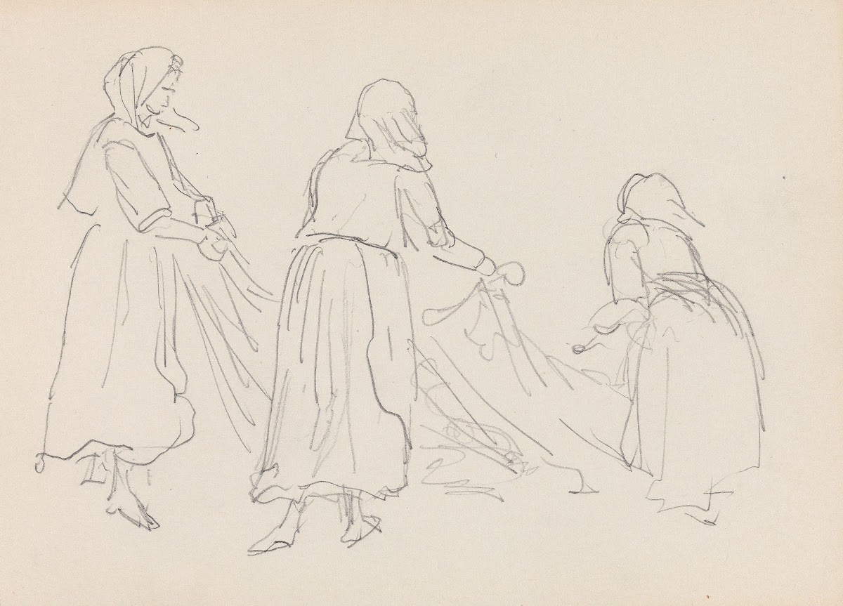 Tre kvinner som trekker garn 1868
