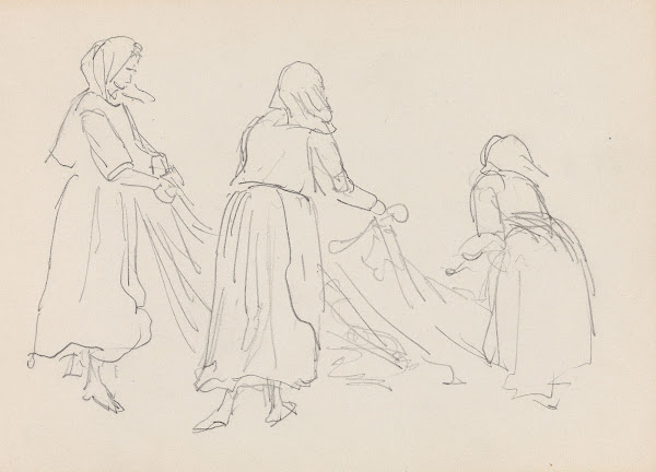 Tre kvinner som trekker garn 1868
