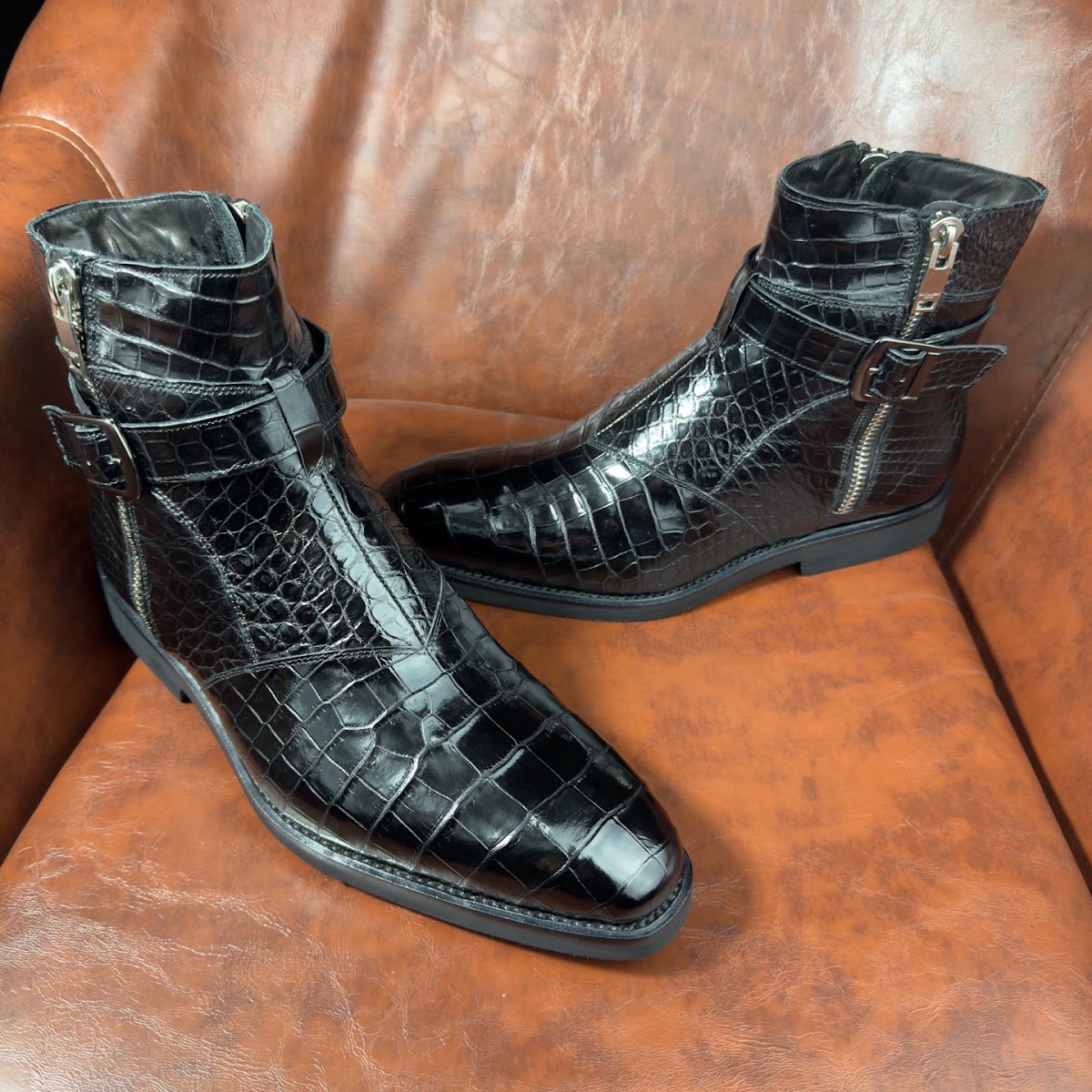black genuine alligator leather jodhpur boots for men with dual zippers and wraparound buckle - detail 1.2