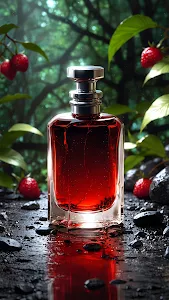 Luxury Red Perfume Bottle Forest Setting Wet Rocks