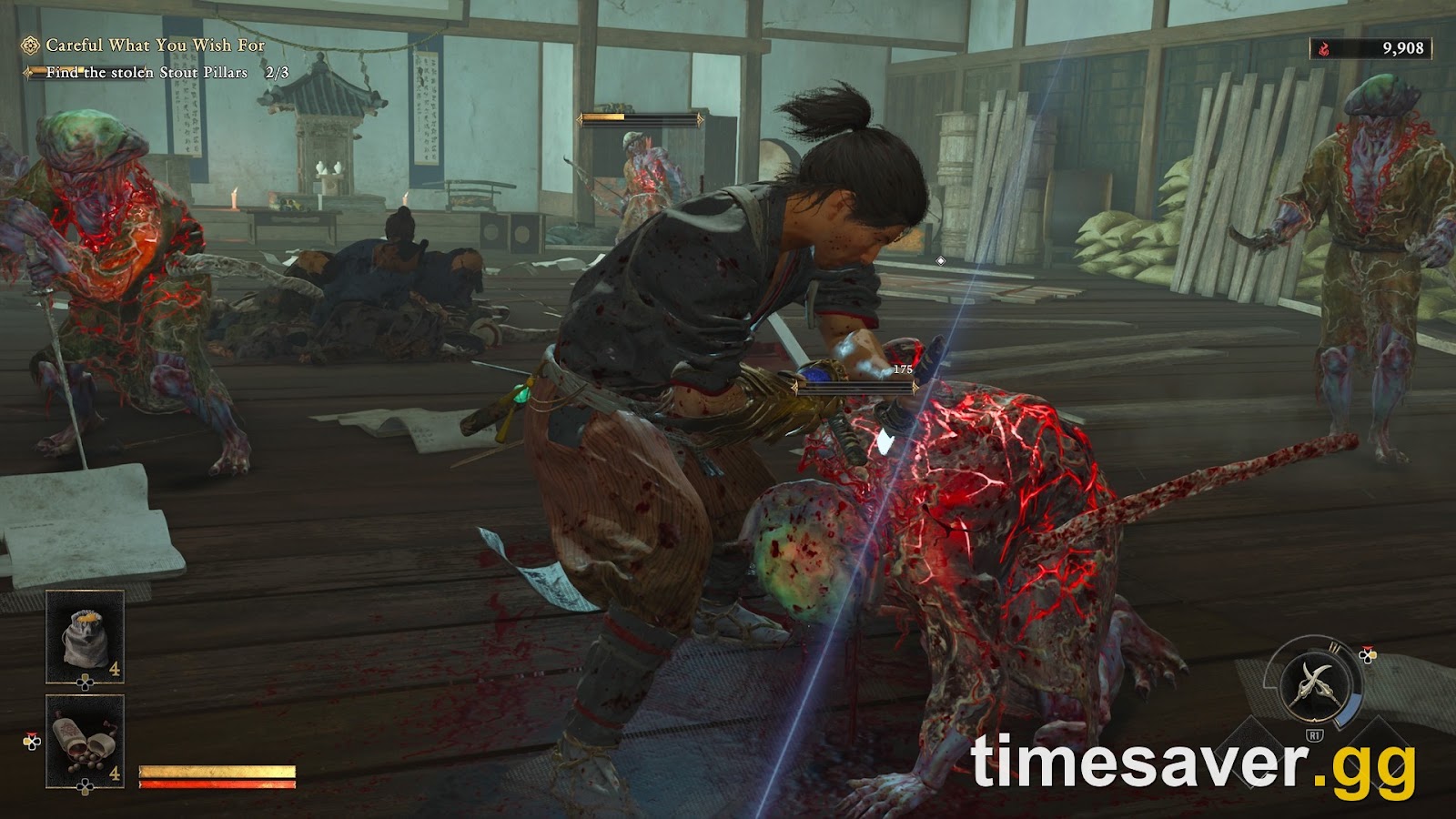 Miyamoto Musashi finishing a Genma with the Oni Gauntlet, soul counter visible on the HUD in Onimusha: Way of the Sword