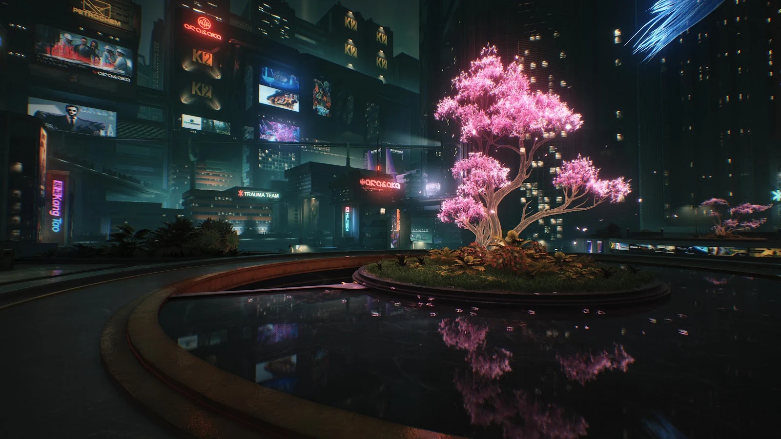 Cyberpunk 2077 Cherry Blossom - Video Game Photography 5K Wallpaper (5120x2880)