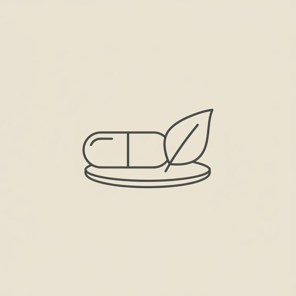 Minimal Tonum-style line illustration of a capsule, plant leaf, and small plate on beige background representing berberine for weight loss