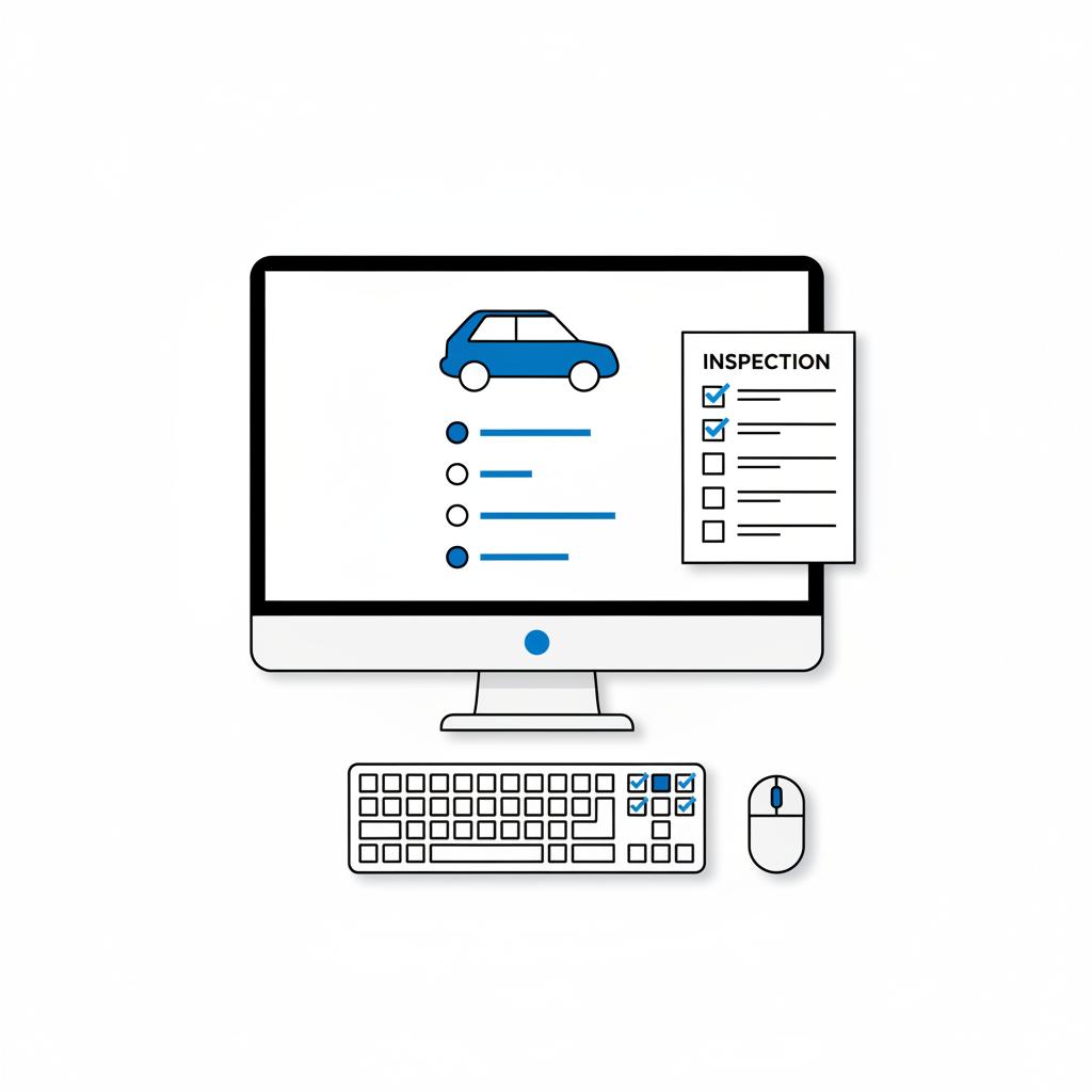 Minimalist 2D vector desktop with monitor showing a vehicle history report timeline and a printed inspection checklist beside a keyboard representing kia stinger for sale