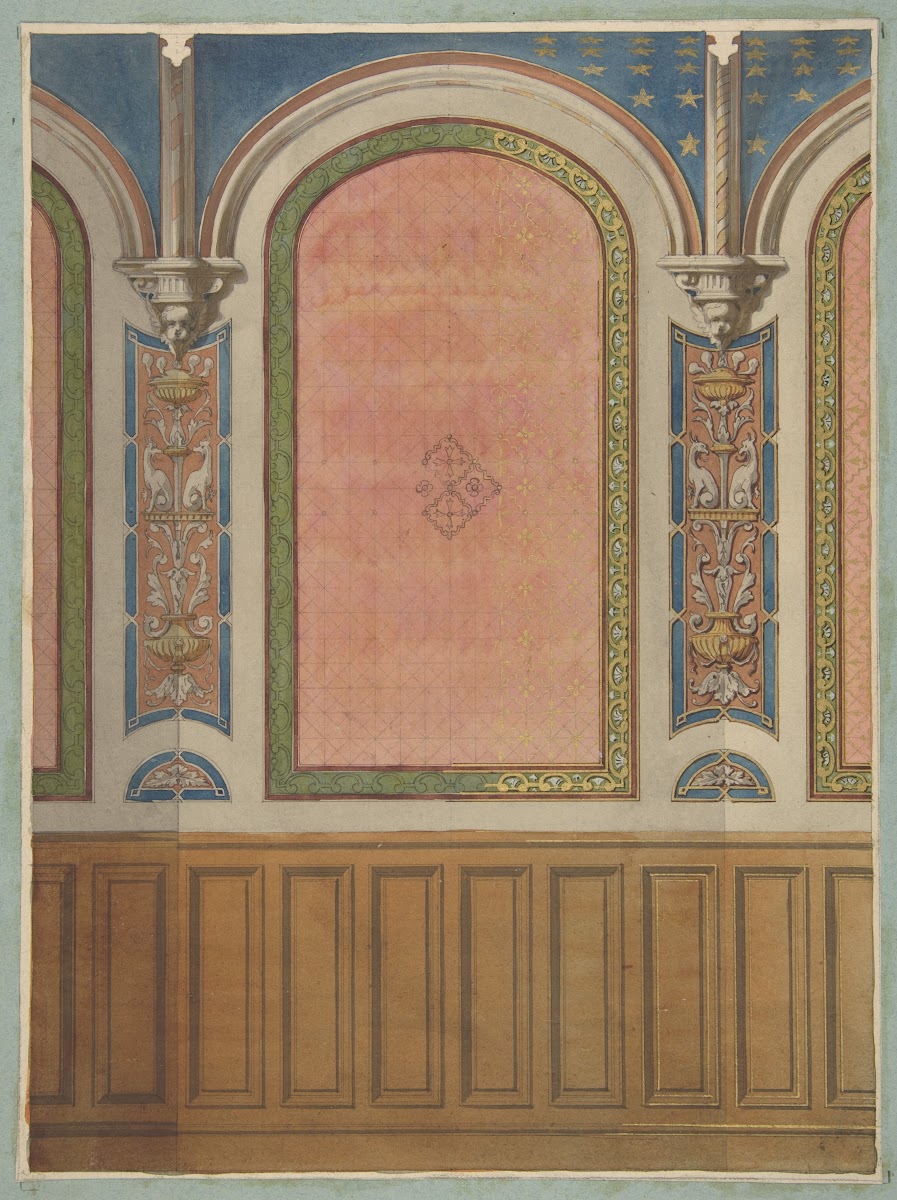 Design for the decoration of wall with wood panels and arched bays 19th Century
