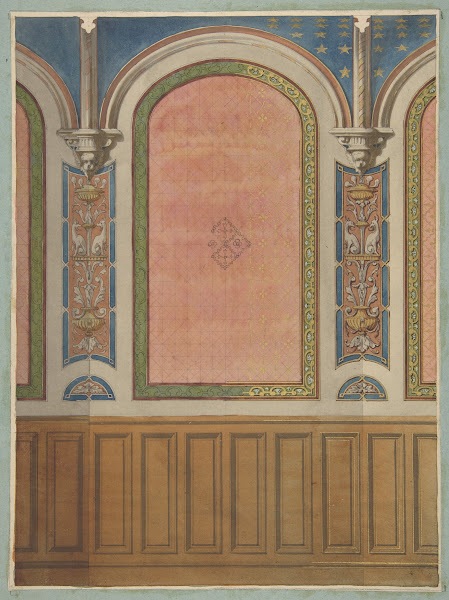 Design for the decoration of wall with wood panels and arched bays 19th Century
