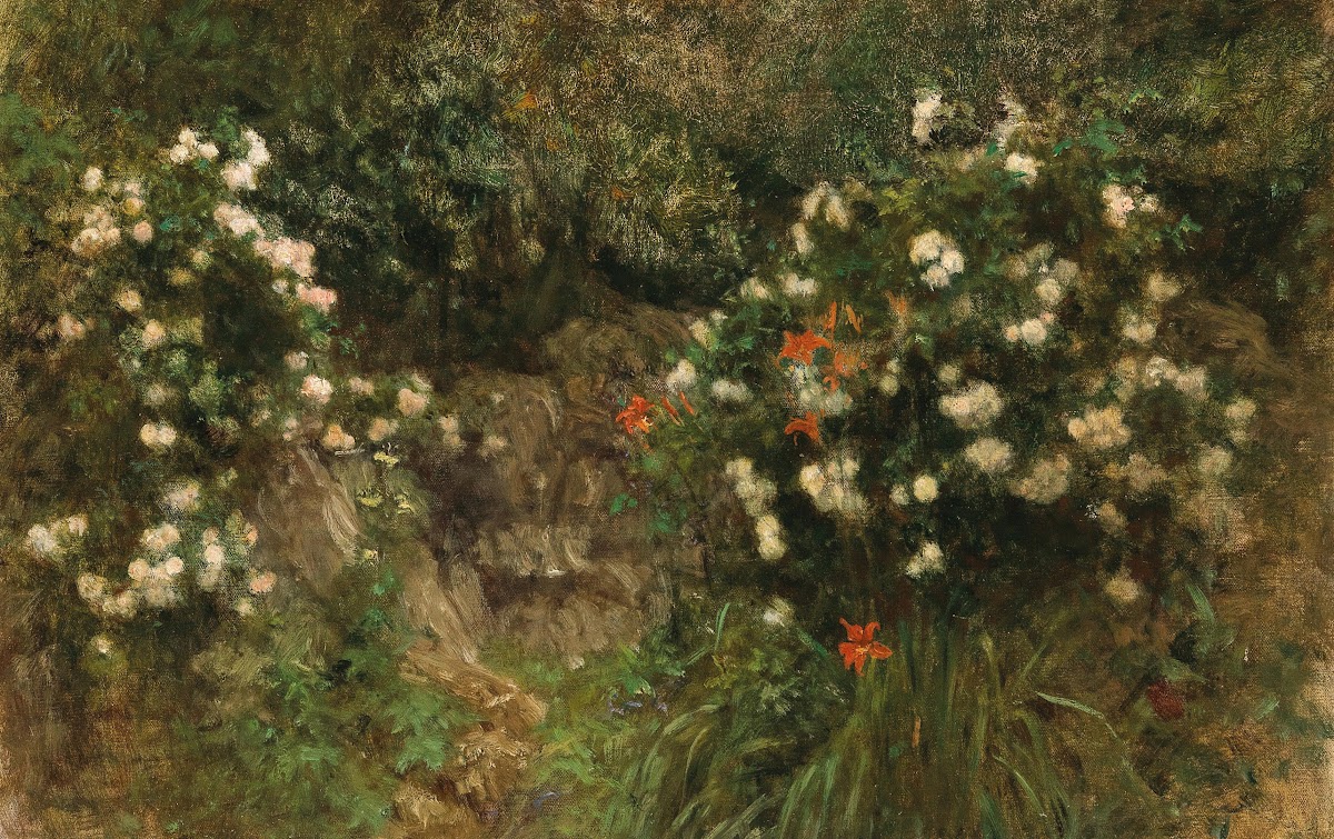 Grotto with white roses