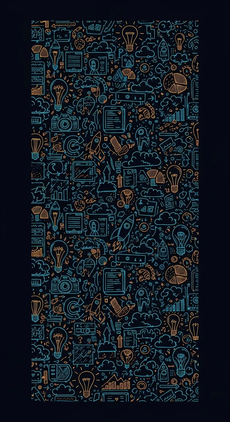 Seamless Pattern of Tech and Idea Doodles in Teal and Gold on a Dark Background - Free 4K mobile Wallpaper